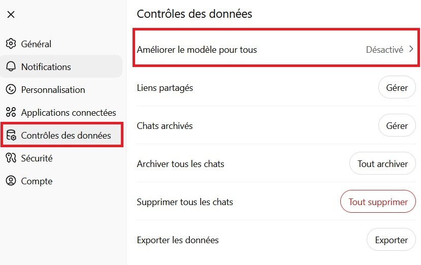 Désactiver l'utilisation de vos données sur ChatGPT d'Open IA