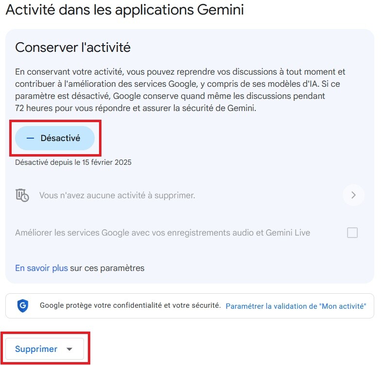 Désactiver l'utilisation de vos données dans Gemini de Google
