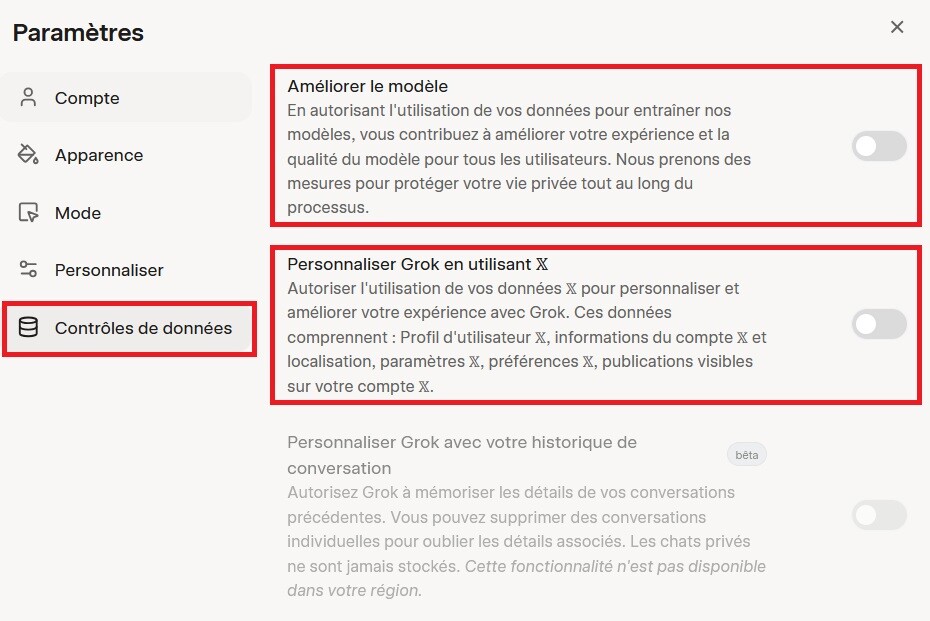 Désactiver l'utilisation de vos données dans Grok d'xAI