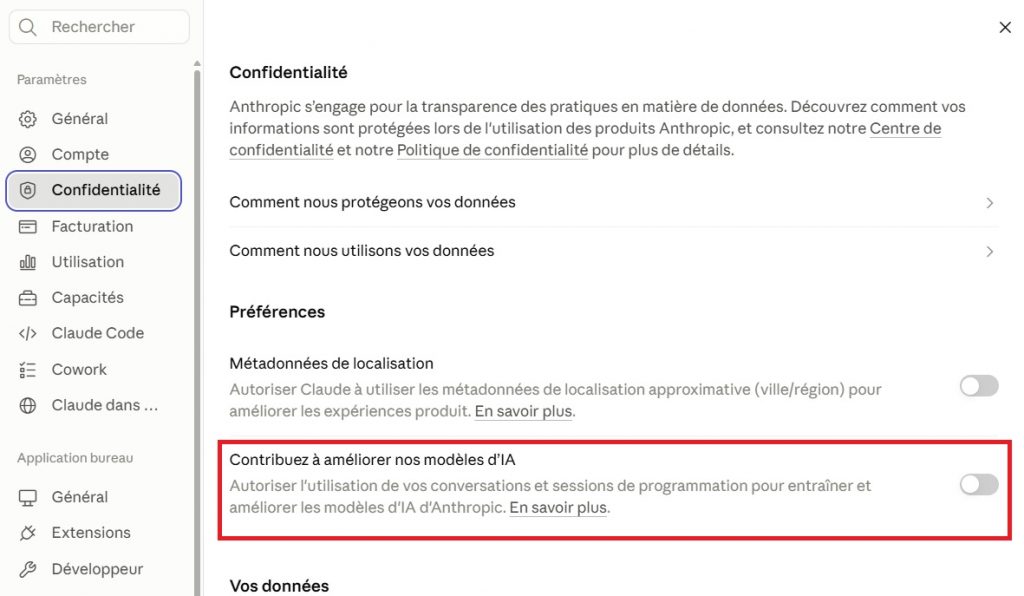 Désactiver l'utilisation de vos données dans Claude d'Anthropic